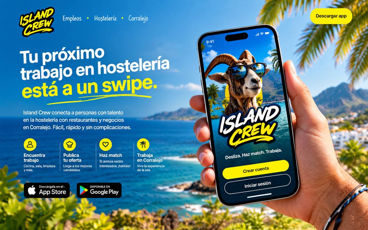 App de Island Crew en un móvil, mostrando la pantalla de bienvenida con match de empleo
